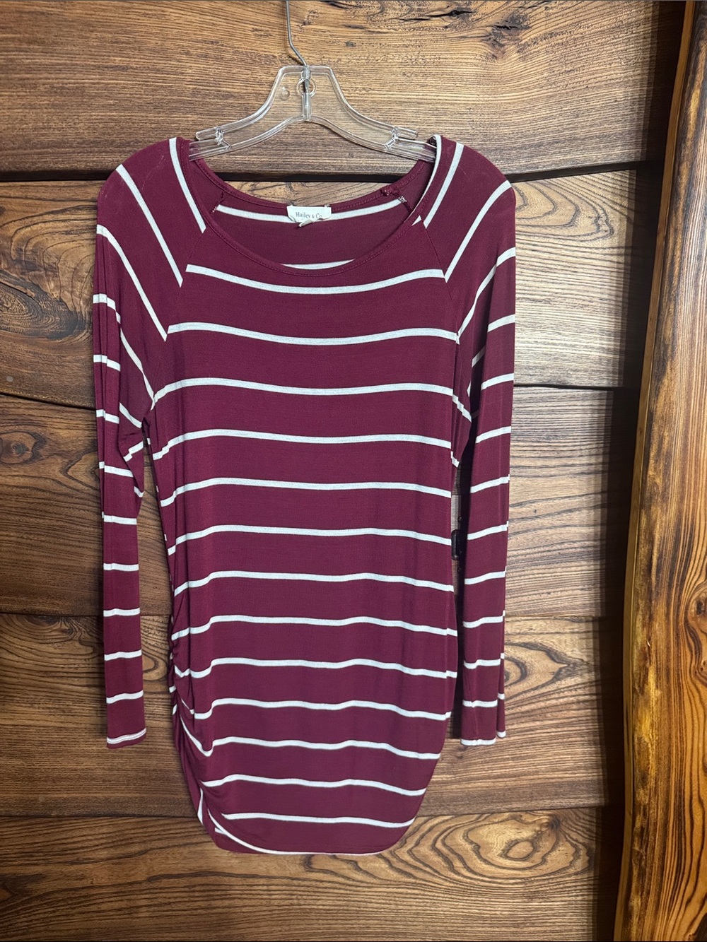 Striped Long-Sleeve Crewneck Top in Maroon and White